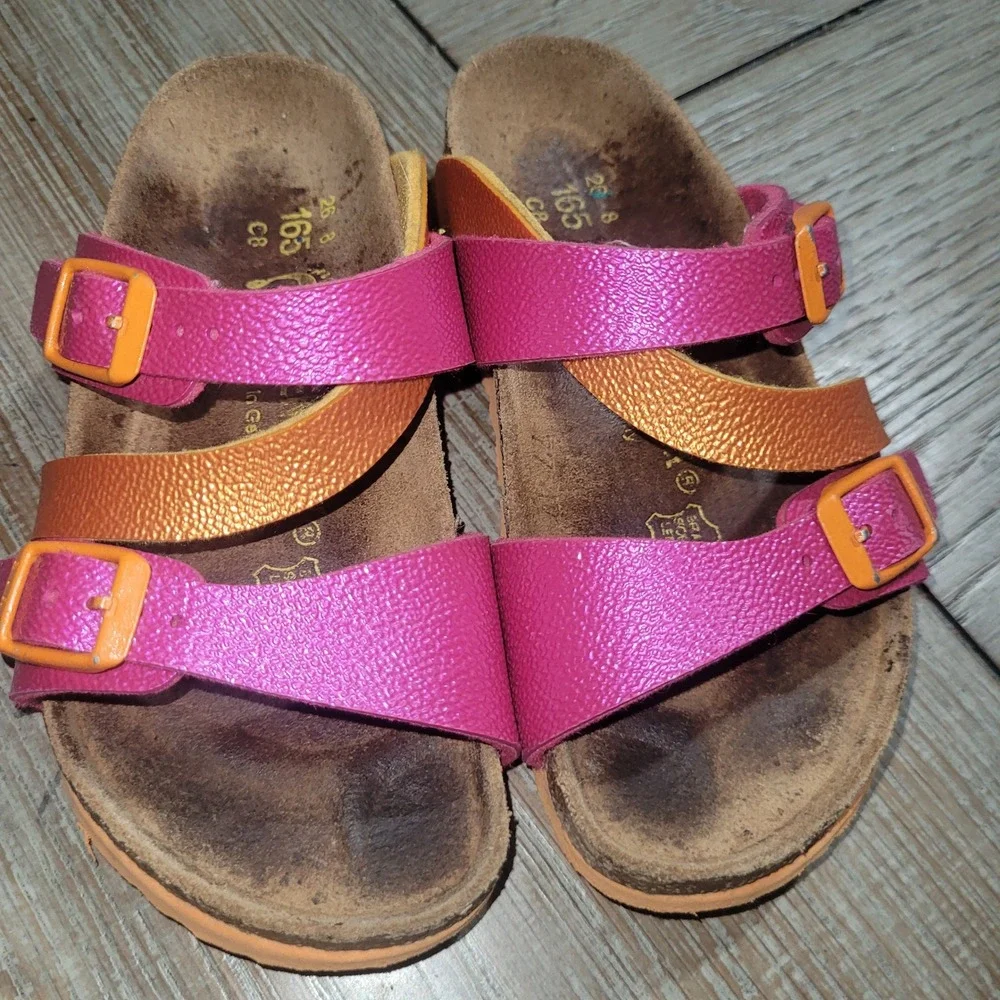 Birkenstock Franca Kids Sandals Pink Orange Metallic Strappy Slide Size 26 US 8
